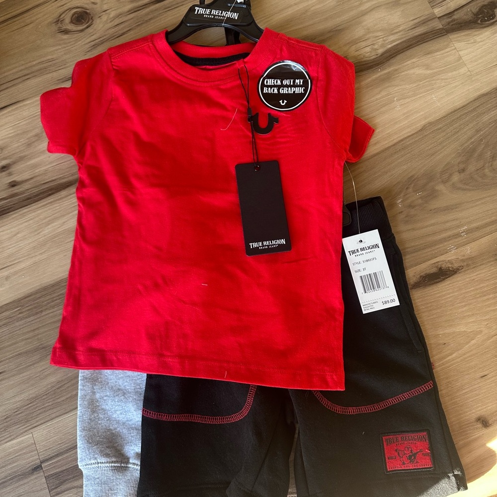 True Religion Red Tee and Black Shorts Set and Gray Jogger